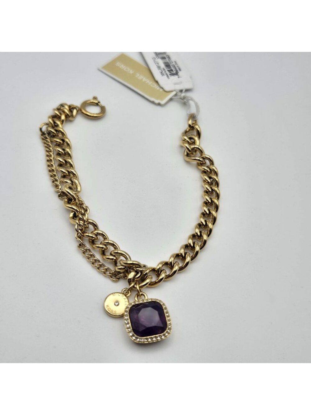 Michael Kors Gold-Tone Double Chain Bracelet Purple Stone Charm NEW